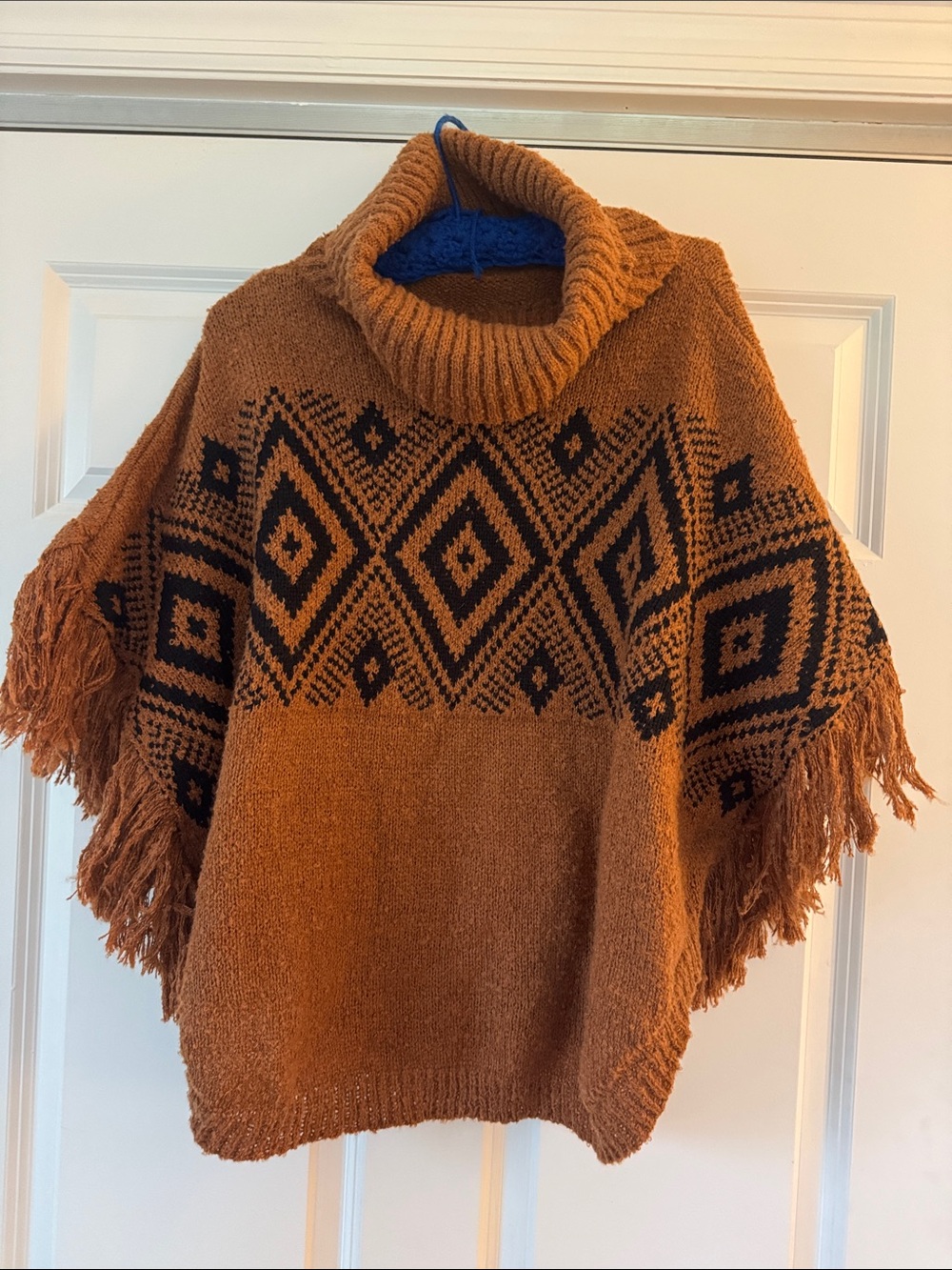Paper Source Rust and Black Geometric Fringe Poncho Sweater